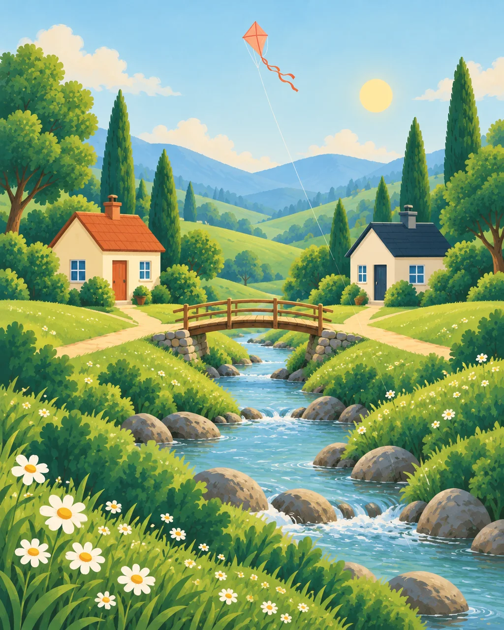 Illustration of two cottages on either side of a stream, joined by a small wooden bridge, with a child's kite flying overhead.