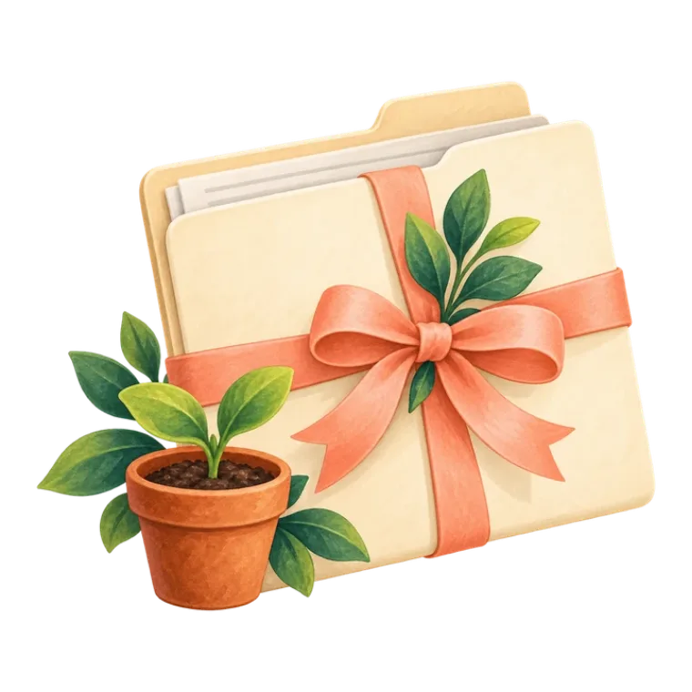 A folder of papers tied with a ribbon, beside a potted plant.