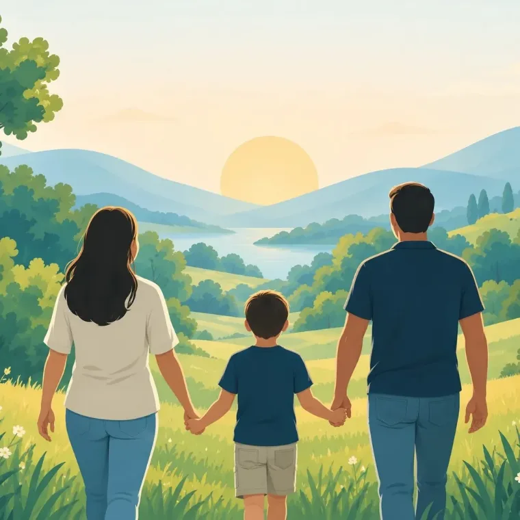 Two parents walk hand in hand with their child towards the hills.