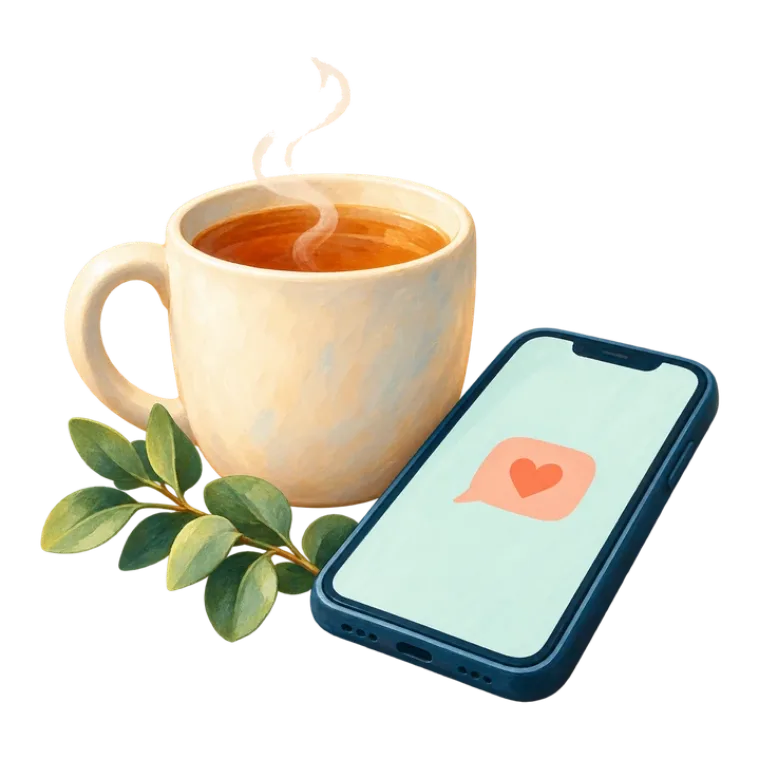 A cup of tea beside a phone showing a message with a heart.