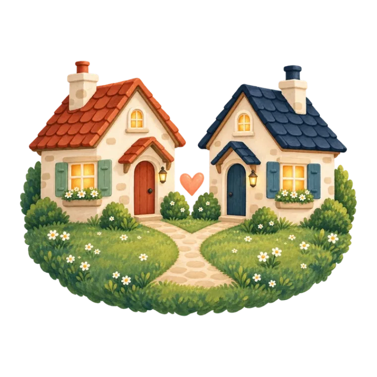 Two cottages side by side, their paths meeting at a small heart.