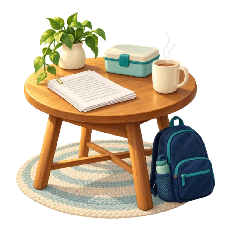 A small table with a notebook, lunch box and mug, and a school bag beside it.