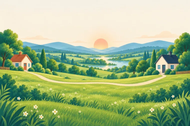 A single path joining two homes across a green valley at sunrise.