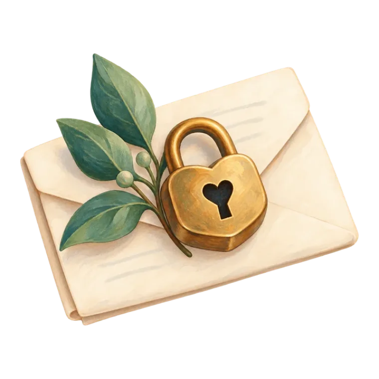 An envelope fastened with a heart-shaped padlock.