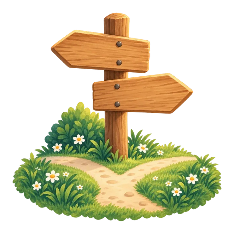 A wooden signpost pointing two ways where two paths meet.