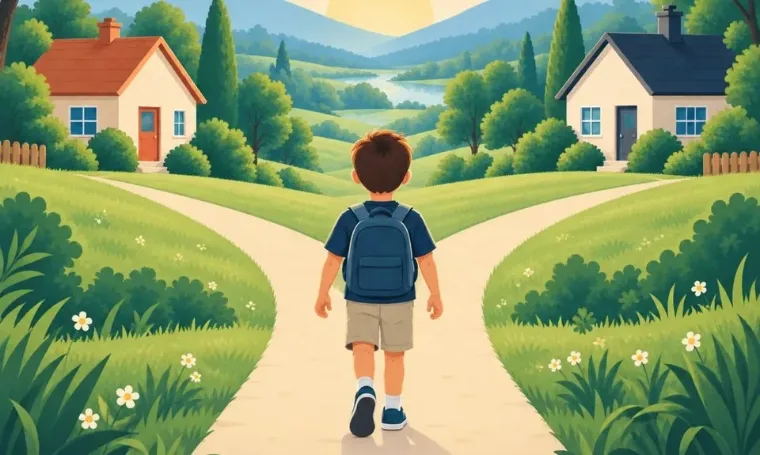 A child walks up a path that forks towards two houses.
