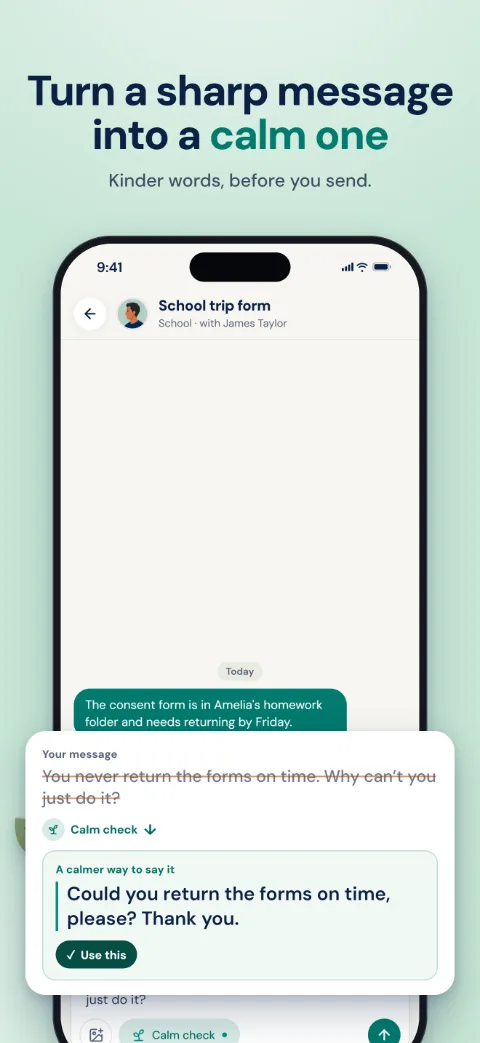 Calm check suggesting a calmer way to word a message before it is sent.