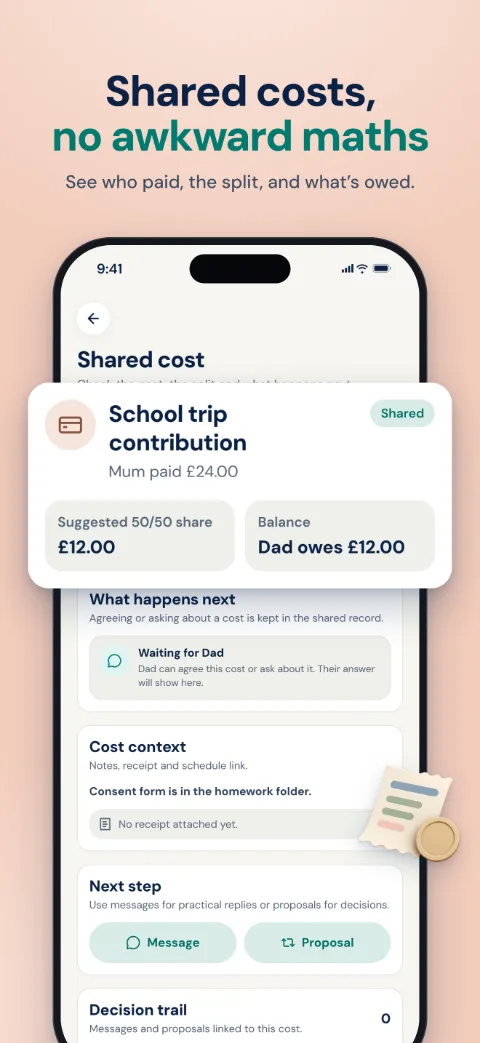 A shared cost, showing each parent's share and what has been paid.